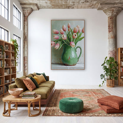 Blush Tulips Green Pitcher Still Life wall art in a warm boho-style room – pink and cream tulips leaning out
