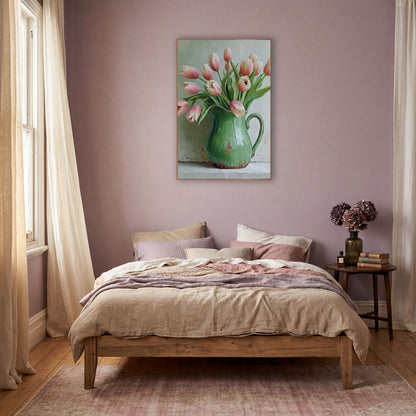 Blush Tulips Green Pitcher Still Life wall art in a warm boho-style room – pink and cream tulips leaning out