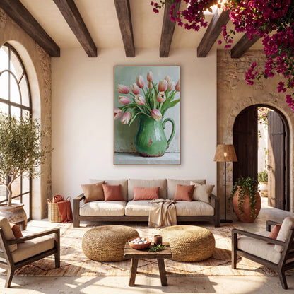 Blush Tulips Green Pitcher Still Life wall art in a warm boho-style room – pink and cream tulips leaning out