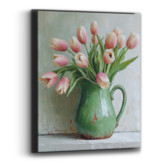 Blush Tulips Green Pitcher Still Life Canvas Wall Art