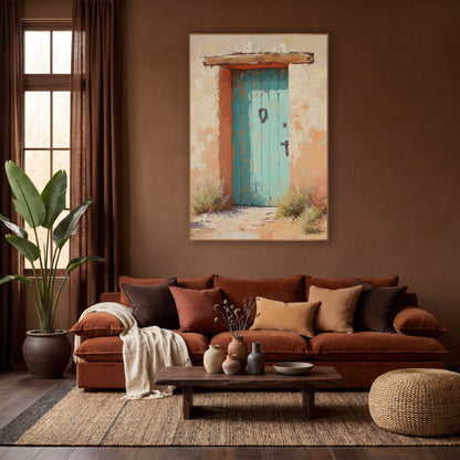 Turquoise Adobe Door Southwestern Boho wall art in a warm boho-style room – weathered turquoise wooden door with iron