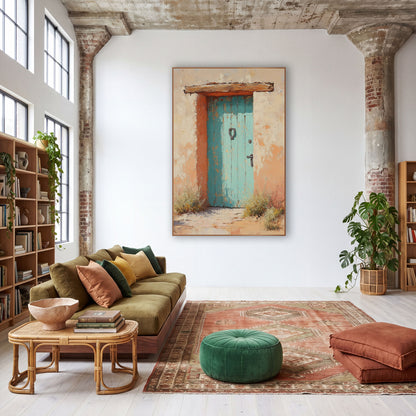 Turquoise Adobe Door Southwestern Boho wall art in a warm boho-style room – weathered turquoise wooden door with iron