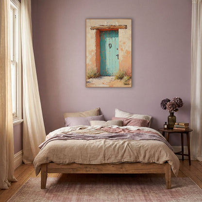 Turquoise Adobe Door Southwestern Boho wall art in a warm boho-style room – weathered turquoise wooden door with iron