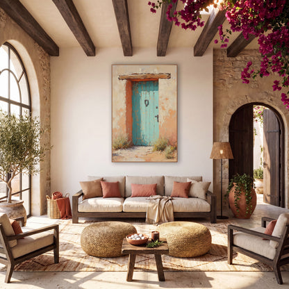Turquoise Adobe Door Southwestern Boho wall art in a warm boho-style room – weathered turquoise wooden door with iron