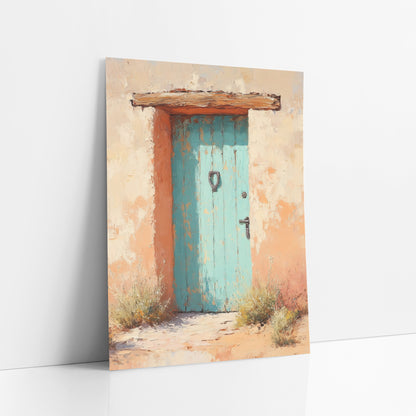 Turquoise Adobe Door Southwestern Boho art print leaning against a white wall – weathered turquoise wooden door with iron