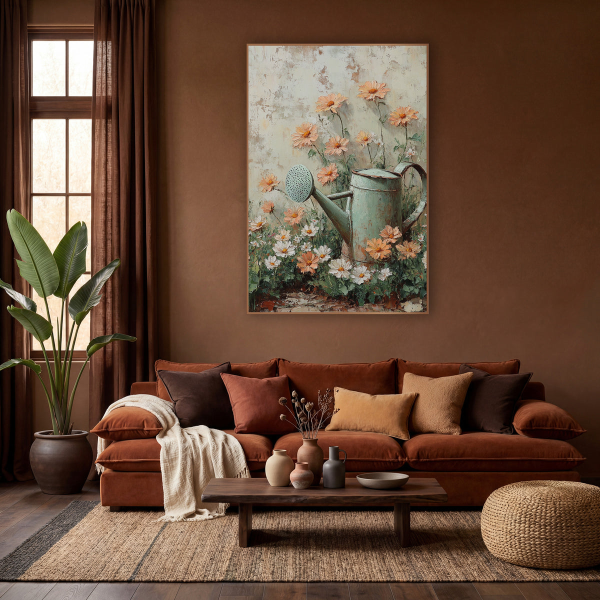 Sage Watering Can Peach Blooms Cottage wall art in a warm boho-style room – sage green watering can beside peach