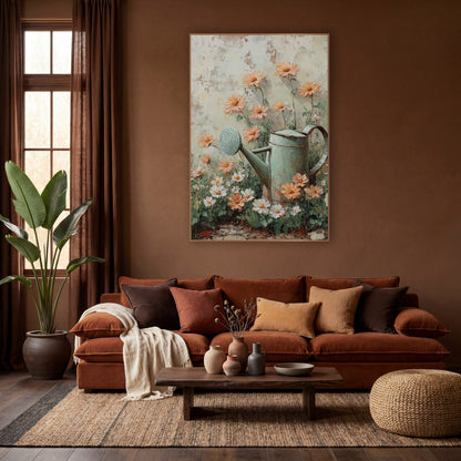 Sage Watering Can Peach Blooms Cottage wall art in a warm boho-style room – sage green watering can beside peach