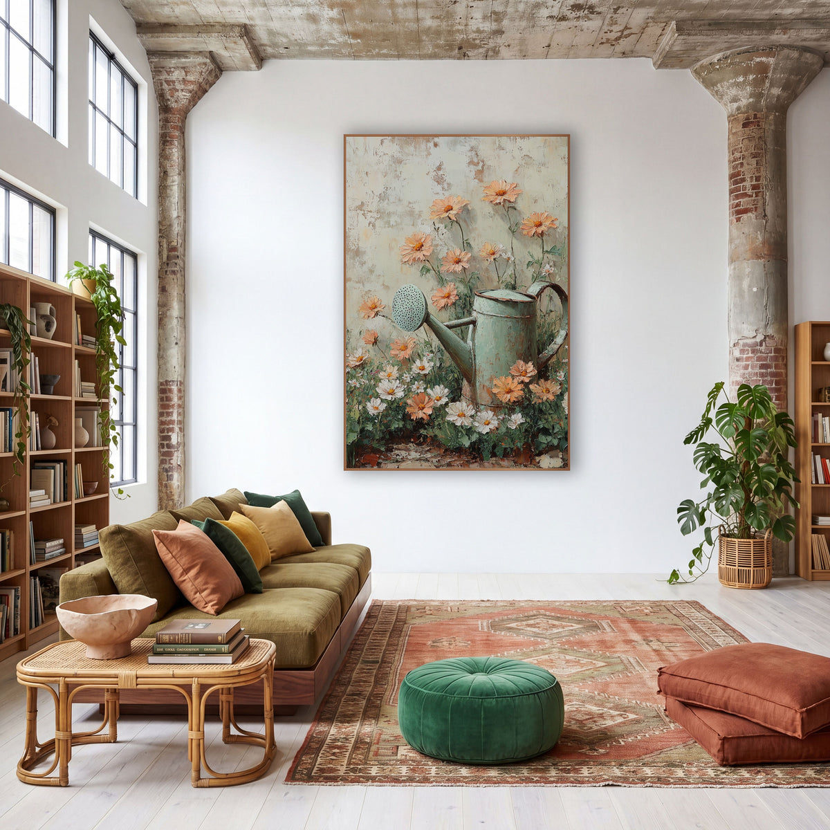 Sage Watering Can Peach Blooms Cottage wall art in a warm boho-style room – sage green watering can beside peach