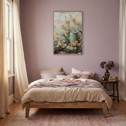Sage Watering Can Peach Blooms Cottage wall art in a warm boho-style room – sage green watering can beside peach