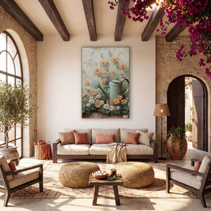 Sage Watering Can Peach Blooms Cottage wall art in a warm boho-style room – sage green watering can beside peach