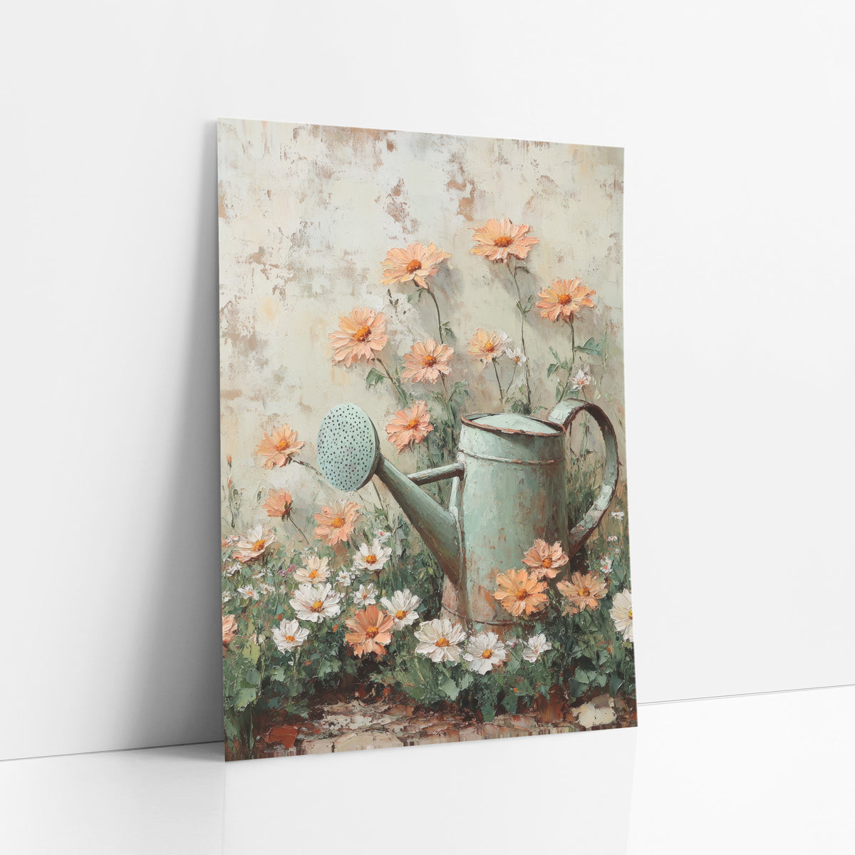 Sage Watering Can Peach Blooms Cottage art print leaning against a white wall – sage green watering can beside peach