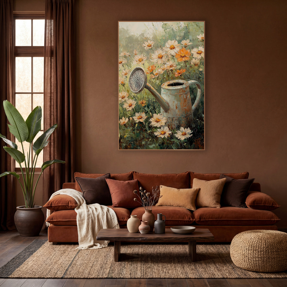 Rusty Watering Can Cosmos Floral wall art in a warm boho-style room – rusty cream watering can among cream and orange