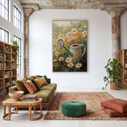 Rusty Watering Can Cosmos Floral wall art in a warm boho-style room – rusty cream watering can among cream and orange