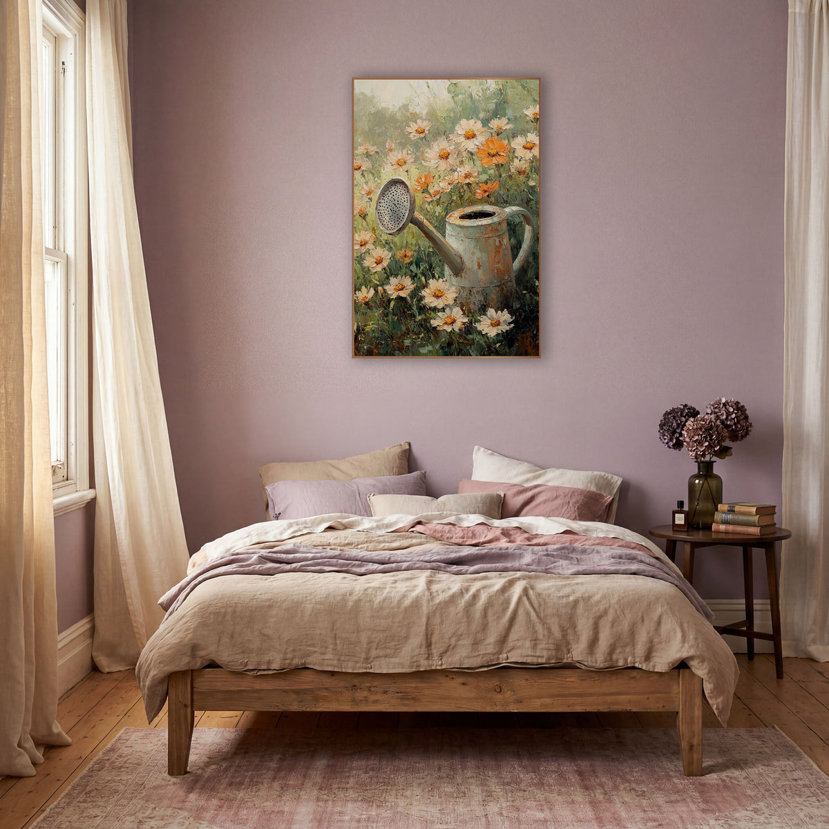 Rusty Watering Can Cosmos Floral wall art in a warm boho-style room – rusty cream watering can among cream and orange