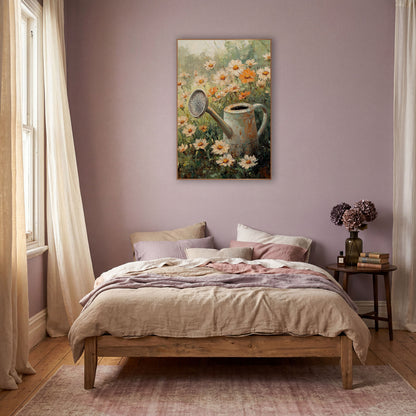 Rusty Watering Can Cosmos Floral wall art in a warm boho-style room – rusty cream watering can among cream and orange