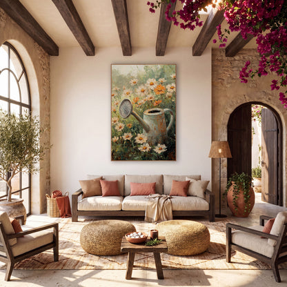 Rusty Watering Can Cosmos Floral wall art in a warm boho-style room – rusty cream watering can among cream and orange