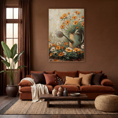 Orange Cosmos Watering Can Garden wall art in a warm boho-style room – rusty sage green watering can surrounded