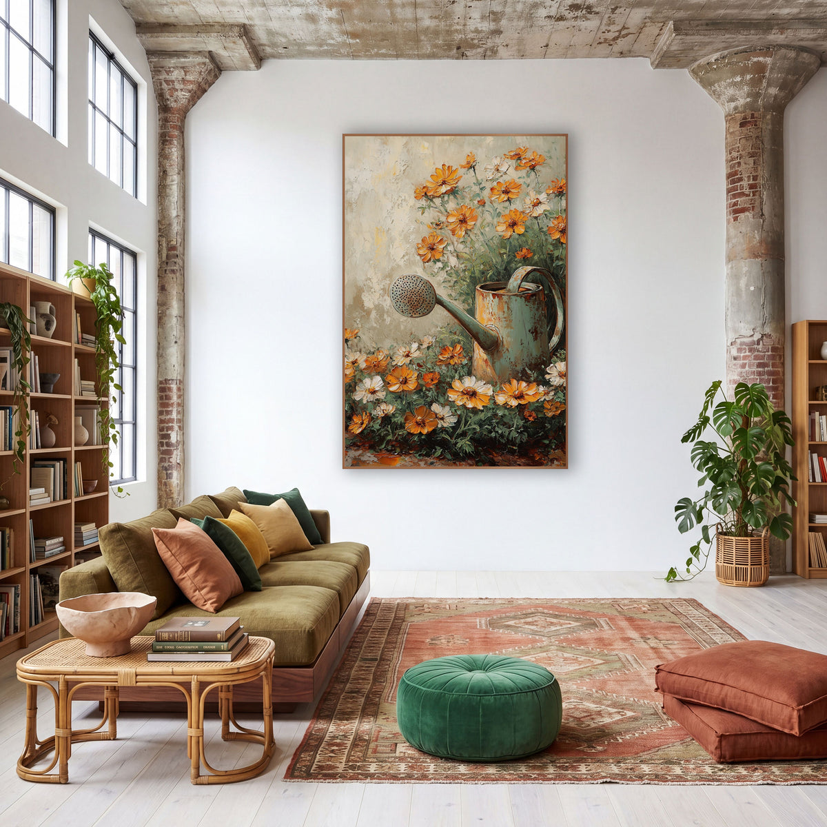 Orange Cosmos Watering Can Garden wall art in a warm boho-style room – rusty sage green watering can surrounded