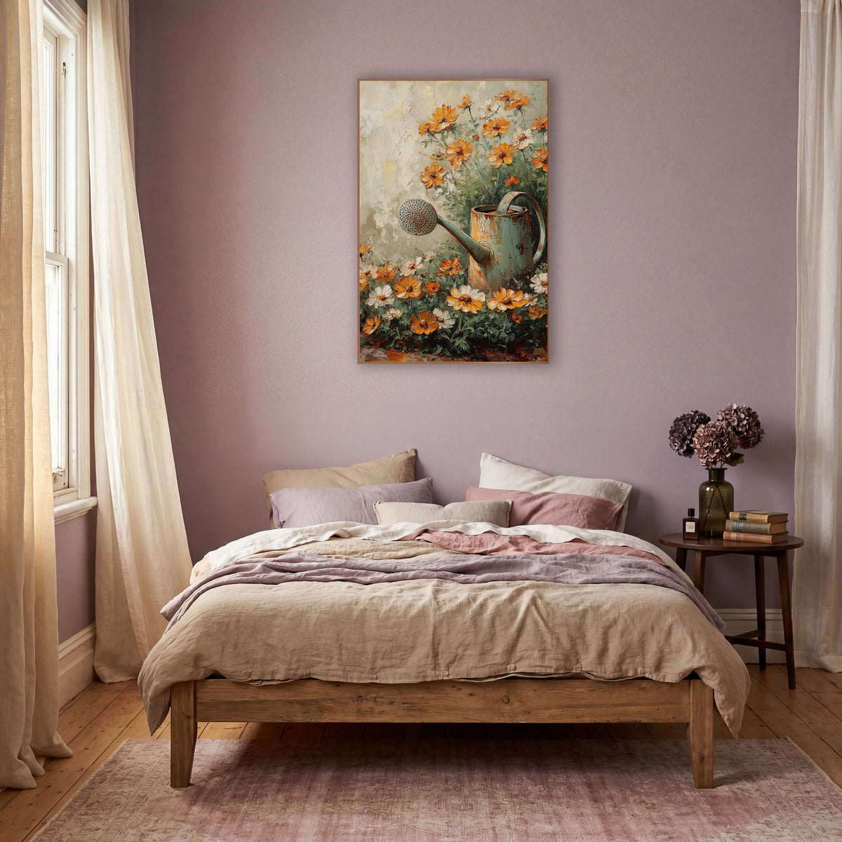 Orange Cosmos Watering Can Garden wall art in a warm boho-style room – rusty sage green watering can surrounded