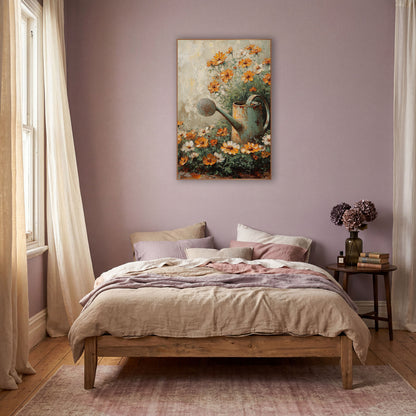 Orange Cosmos Watering Can Garden wall art in a warm boho-style room – rusty sage green watering can surrounded