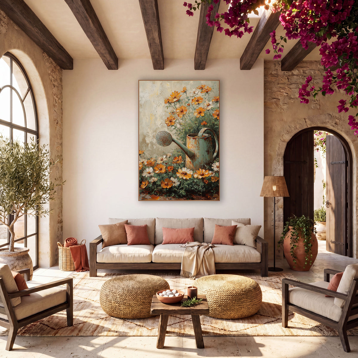 Orange Cosmos Watering Can Garden wall art in a warm boho-style room – rusty sage green watering can surrounded