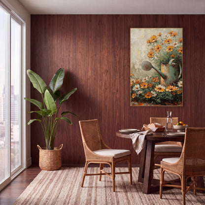 Orange Cosmos Watering Can Garden wall art in a warm boho-style room – rusty sage green watering can surrounded