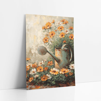Orange Cosmos Watering Can Garden art print leaning against a white wall – rusty sage green watering can surrounded by orange