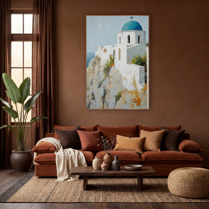 Mediterranean Cliff Chapel Boho wall art in a warm boho-style room – white chapel with a teal blue dome and dark cross