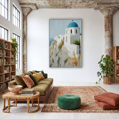 Mediterranean Cliff Chapel Boho wall art in a warm boho-style room – white chapel with a teal blue dome and dark cross