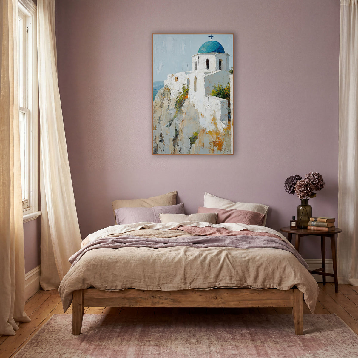 Mediterranean Cliff Chapel Boho wall art in a warm boho-style room – white chapel with a teal blue dome and dark cross