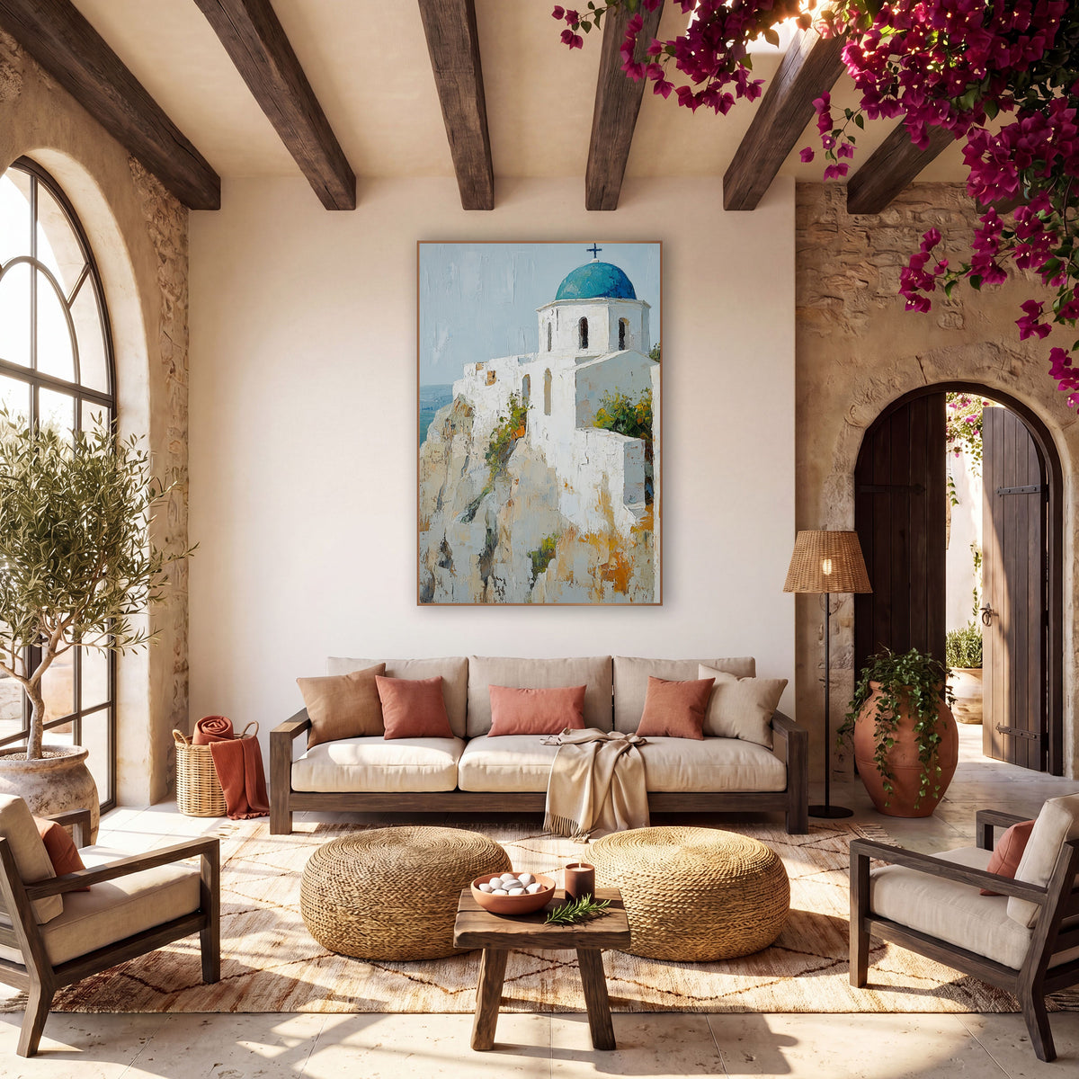 Mediterranean Cliff Chapel Boho wall art in a warm boho-style room – white chapel with a teal blue dome and dark cross