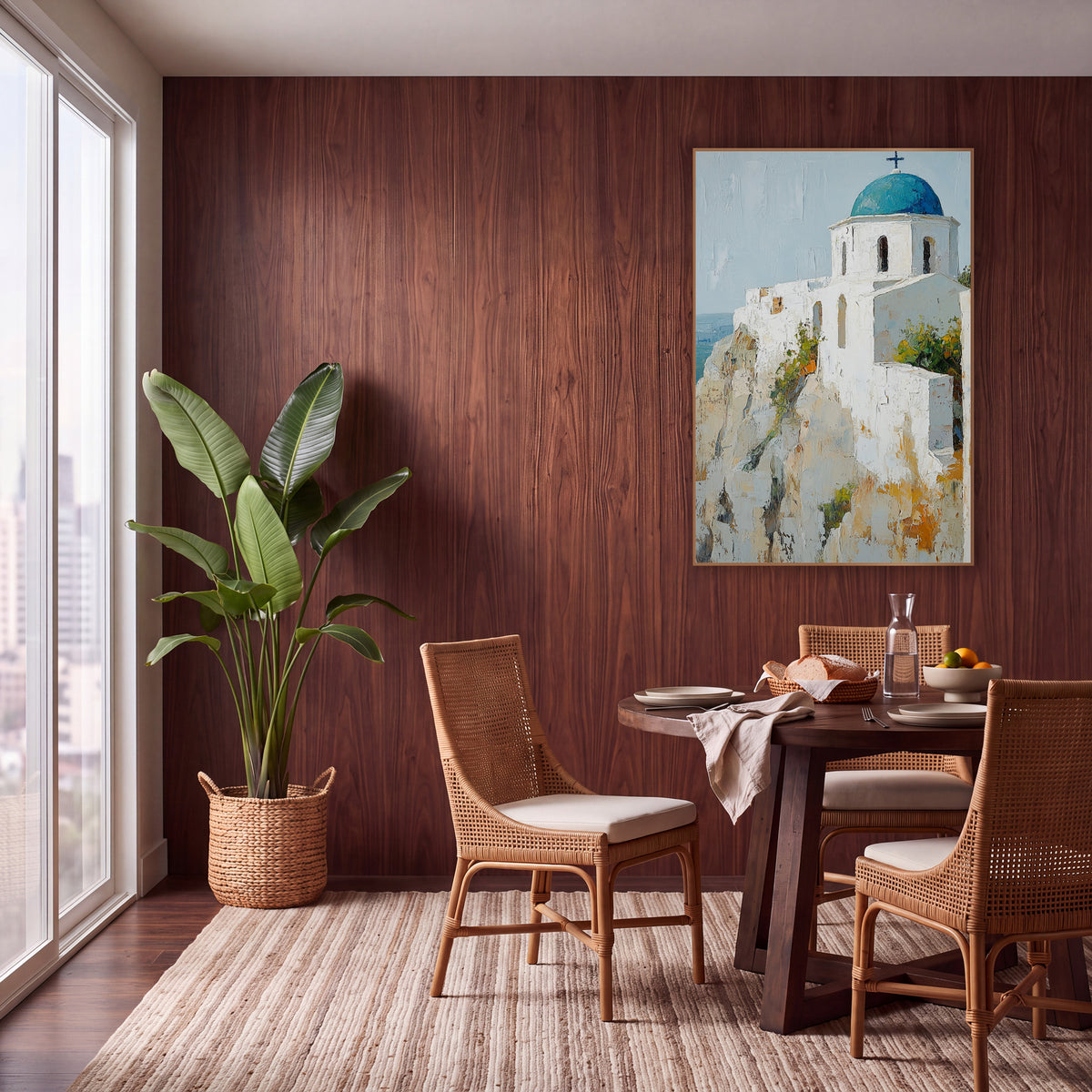 Mediterranean Cliff Chapel Boho wall art in a warm boho-style room – white chapel with a teal blue dome and dark cross