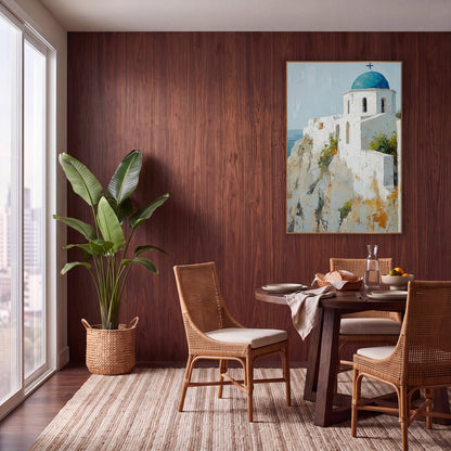 Mediterranean Cliff Chapel Boho wall art in a warm boho-style room – white chapel with a teal blue dome and dark cross