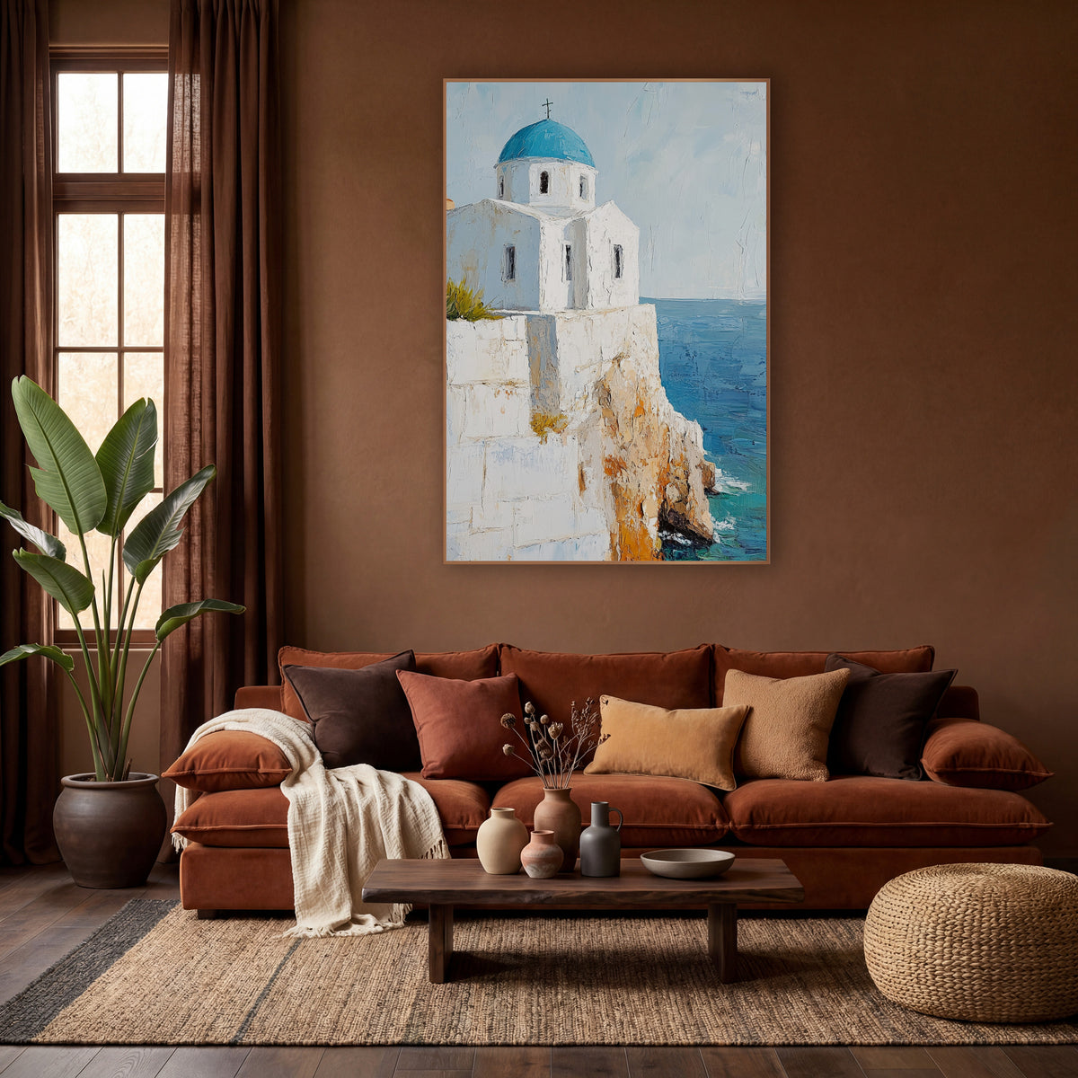 Stone Terrace Chapel Aqua Painterly wall art in a warm boho-style room – white chapel with a blue dome and cross