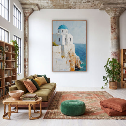 Stone Terrace Chapel Aqua Painterly wall art in a warm boho-style room – white chapel with a blue dome and cross