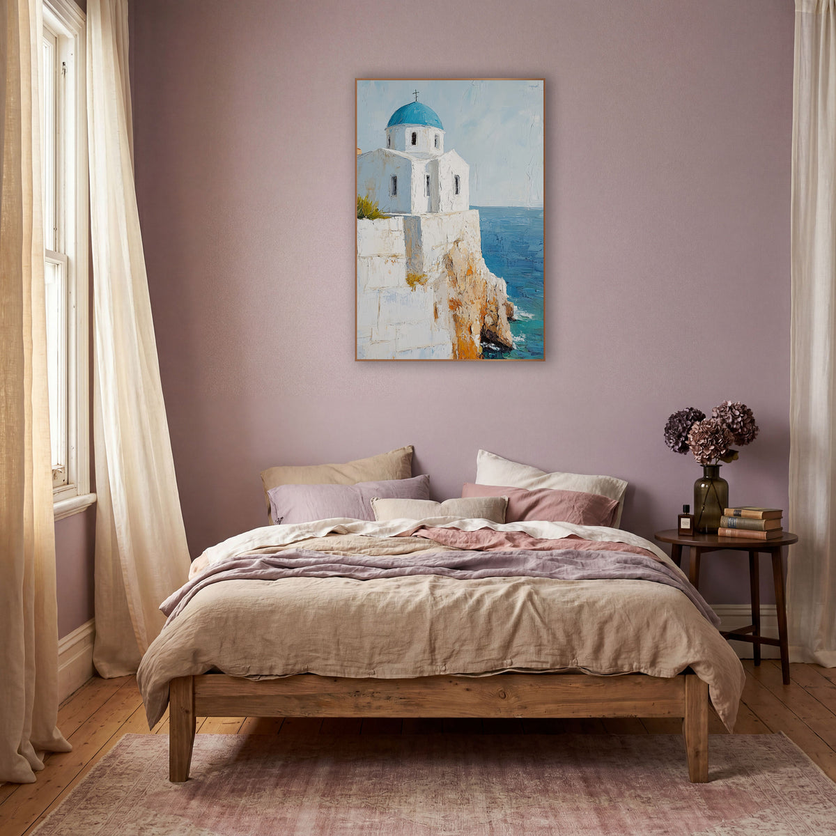 Stone Terrace Chapel Aqua Painterly wall art in a warm boho-style room – white chapel with a blue dome and cross