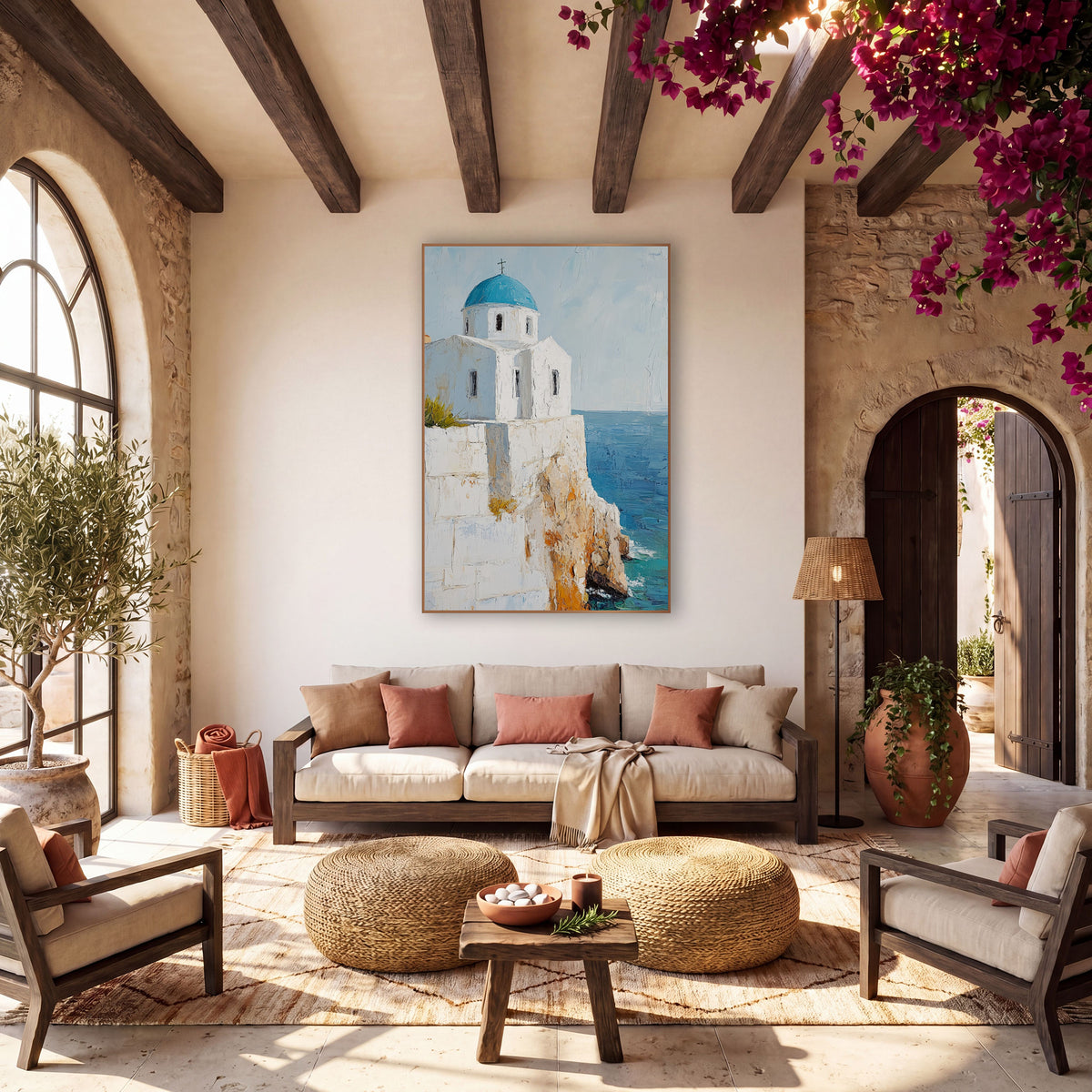 Stone Terrace Chapel Aqua Painterly wall art in a warm boho-style room – white chapel with a blue dome and cross