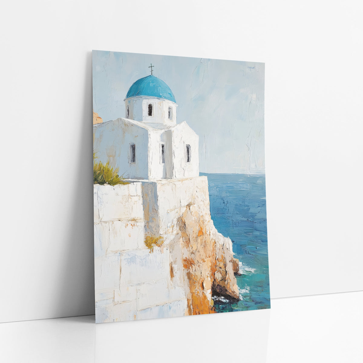 Stone Terrace Chapel Aqua Painterly art print leaning against a white wall – white chapel with a blue dome and cross