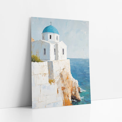 Stone Terrace Chapel Aqua Painterly art print leaning against a white wall – white chapel with a blue dome and cross