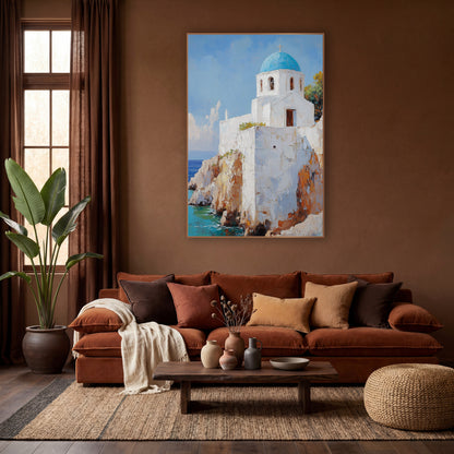 Sunlit Bell Tower Chapel Coastal wall art in a warm boho-style room – white chapel with blue dome and cross on sandy