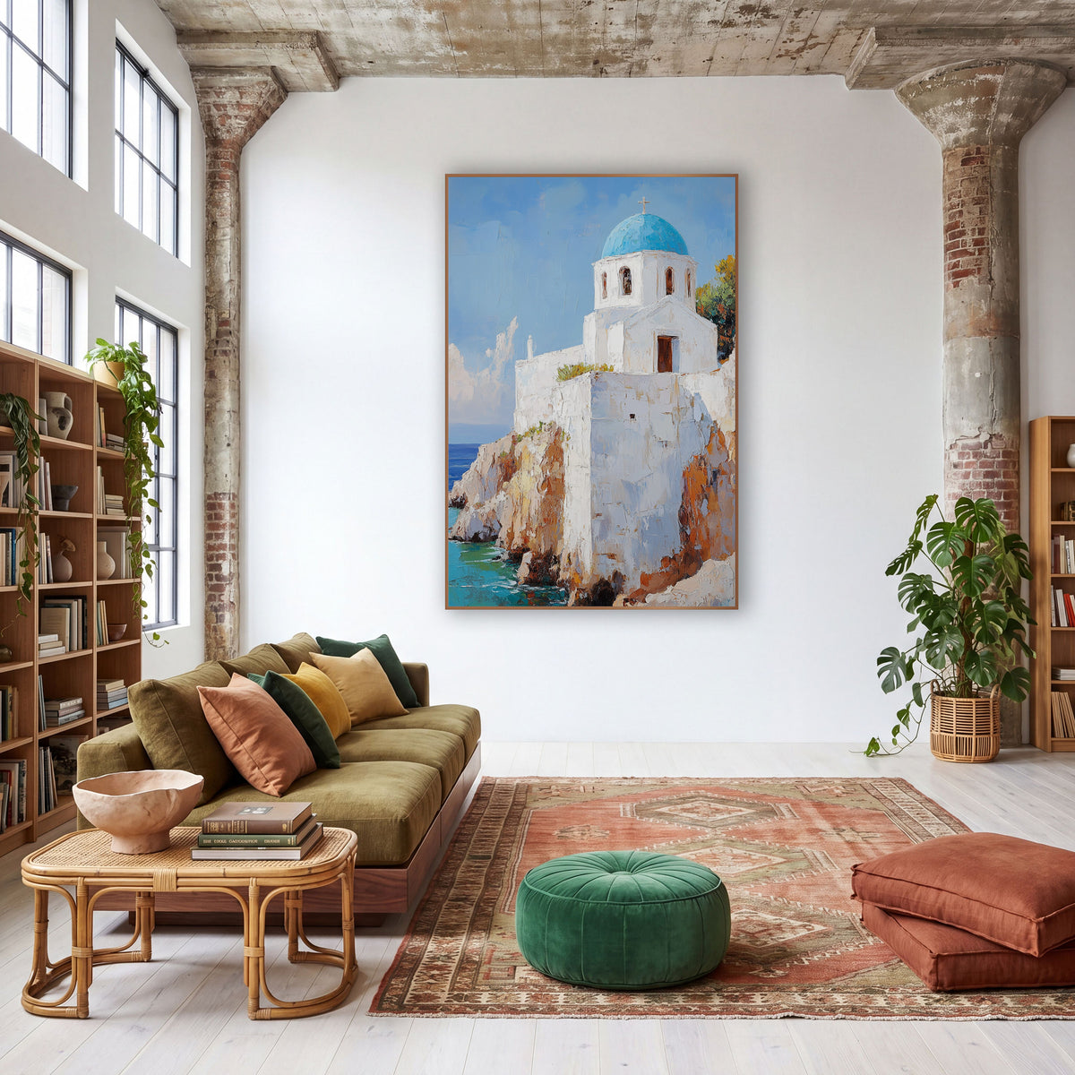 Sunlit Bell Tower Chapel Coastal wall art in a warm boho-style room – white chapel with blue dome and cross on sandy