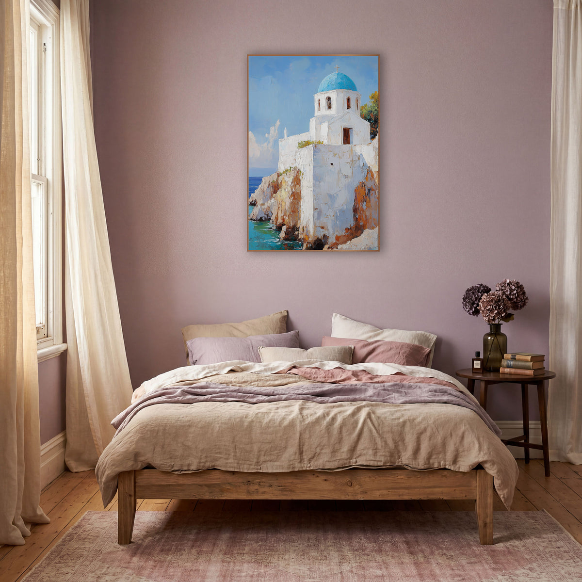 Sunlit Bell Tower Chapel Coastal wall art in a warm boho-style room – white chapel with blue dome and cross on sandy