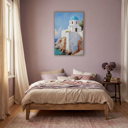 Sunlit Bell Tower Chapel Coastal wall art in a warm boho-style room – white chapel with blue dome and cross on sandy