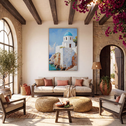 Sunlit Bell Tower Chapel Coastal wall art in a warm boho-style room – white chapel with blue dome and cross on sandy