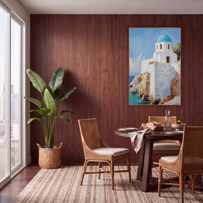 Sunlit Bell Tower Chapel Coastal wall art in a warm boho-style room – white chapel with blue dome and cross on sandy