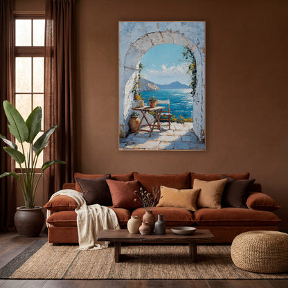 Whitewashed Arch Sea View Mediterranean wall art in a warm boho-style room – whitewashed stone arch framing a blue sea