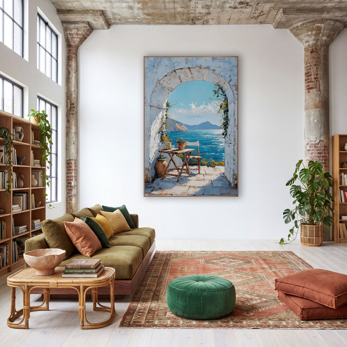 Whitewashed Arch Sea View Mediterranean wall art in a warm boho-style room – whitewashed stone arch framing a blue sea