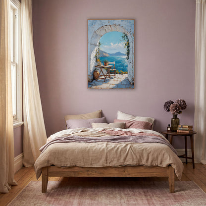 Whitewashed Arch Sea View Mediterranean wall art in a warm boho-style room – whitewashed stone arch framing a blue sea