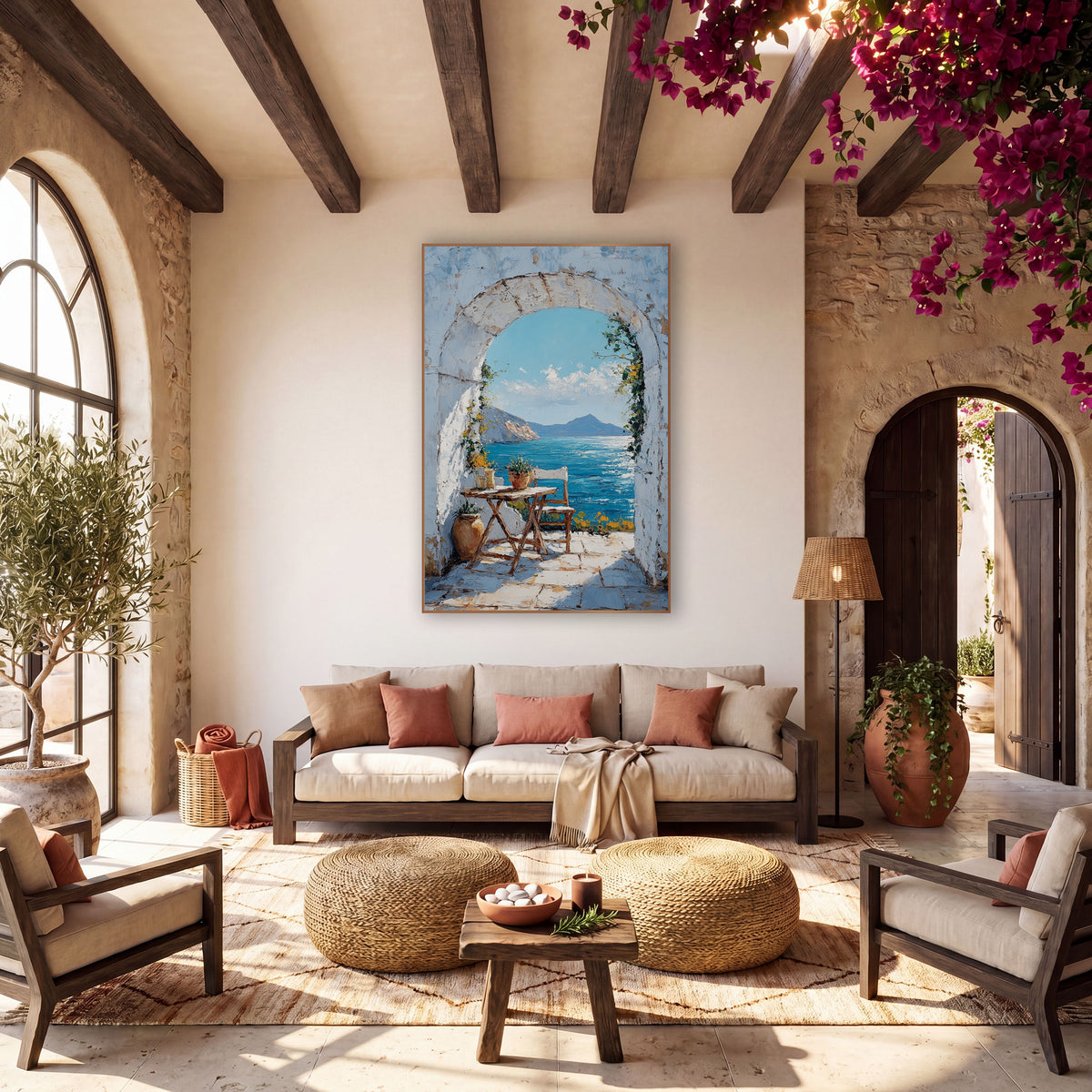 Whitewashed Arch Sea View Mediterranean wall art in a warm boho-style room – whitewashed stone arch framing a blue sea