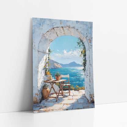 Whitewashed Arch Sea View Mediterranean art print leaning against a white wall – whitewashed stone arch framing a blue sea